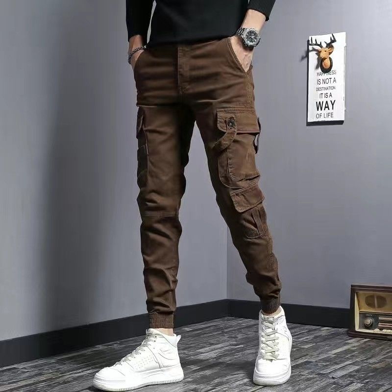 Men's Slim Fit Coffee Casual Denim Work Pants Stretch Cotton Nine-Quarter Trousers