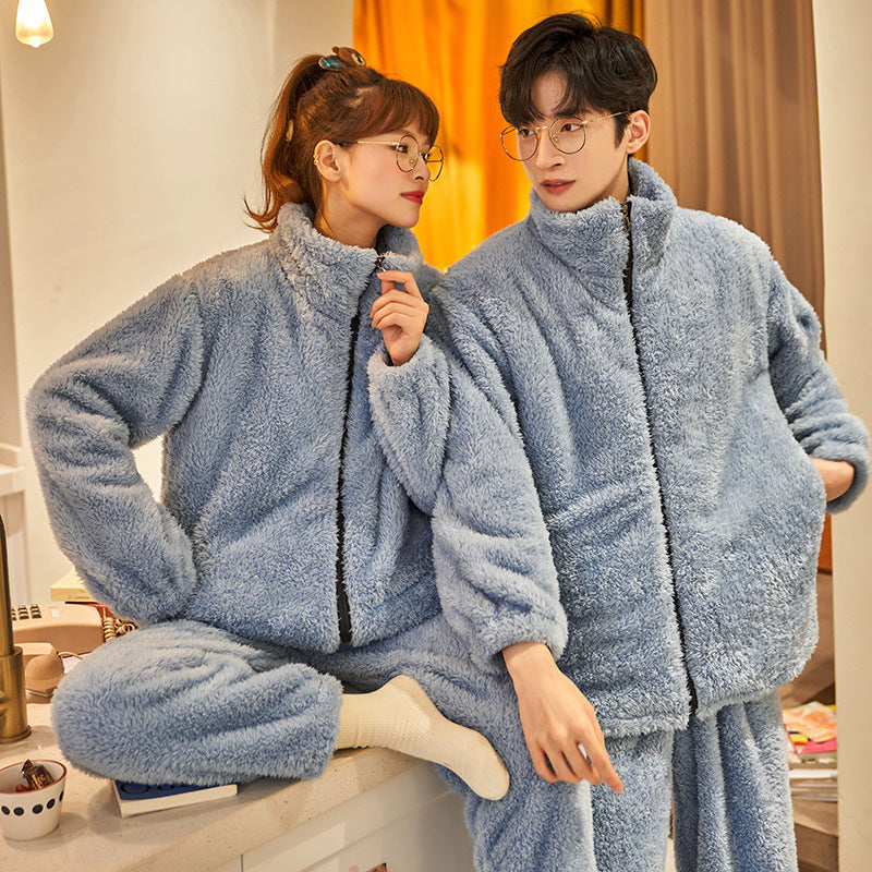 Plush Couple Thermal Zipper Suit – Thick Flannel Homewear Set for Men and Women
