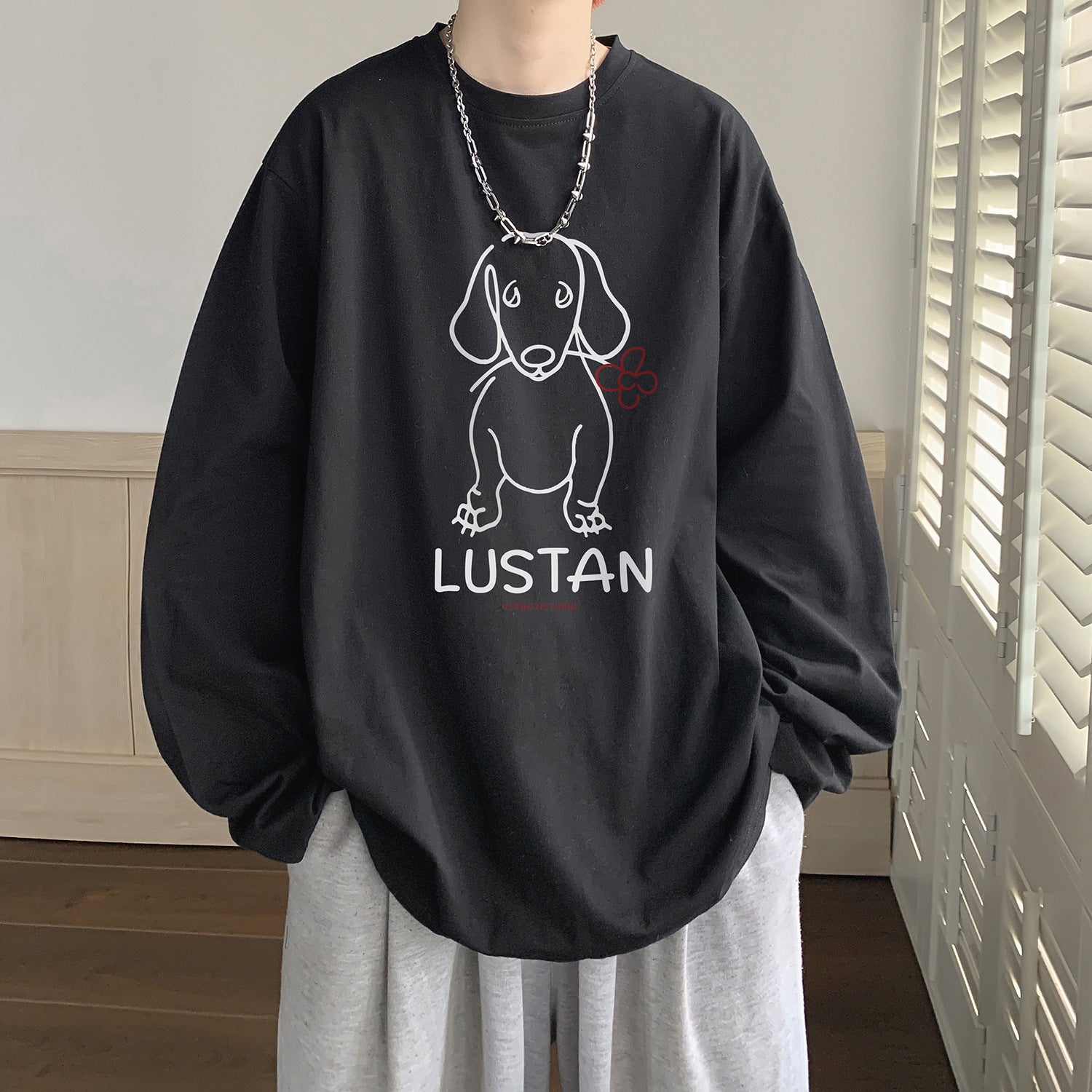Cartoon Puppy Printed Long Sleeve T-shirt - Casual Loose Pullover for Autumn | Available in Multiple Colors