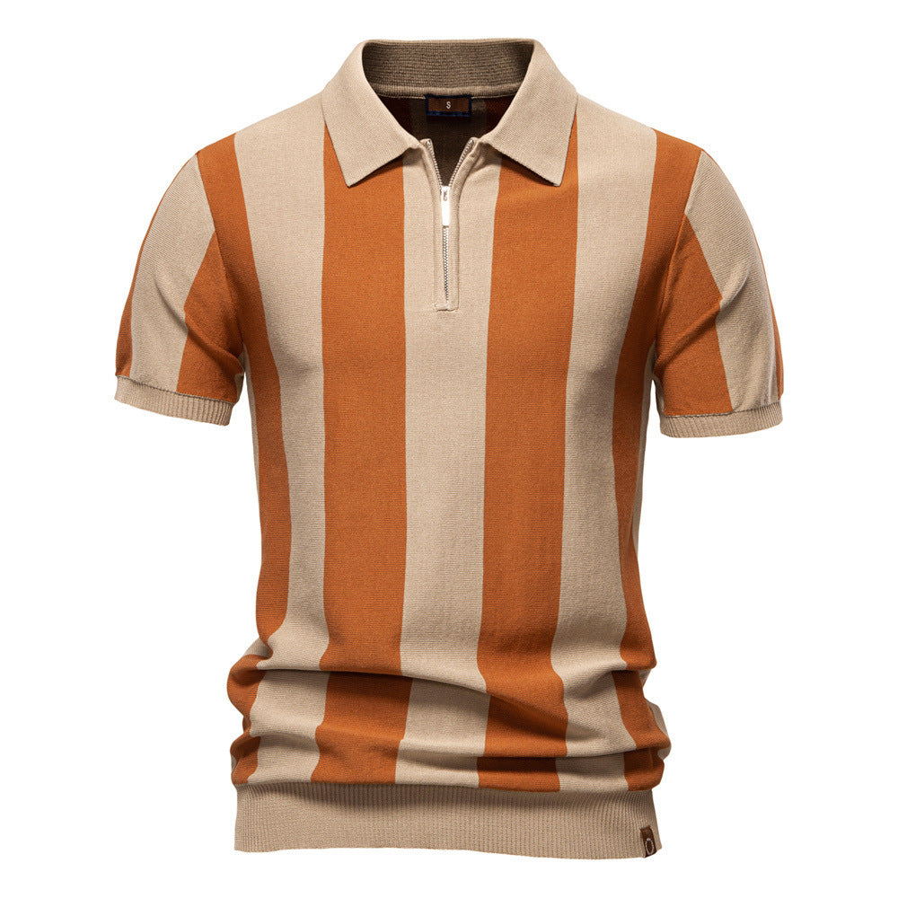 Men’s Lapel Short-Sleeved Woolen Polo Shirt – Classic Striped Summer Top for Casual & Smart Wear
