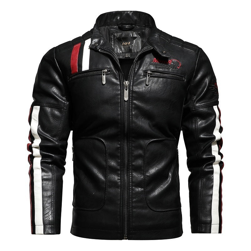 Men’s Leather Motorcycle Jacket – Stand Collar Slim Fit Bomber Coat with Zipper and Pockets