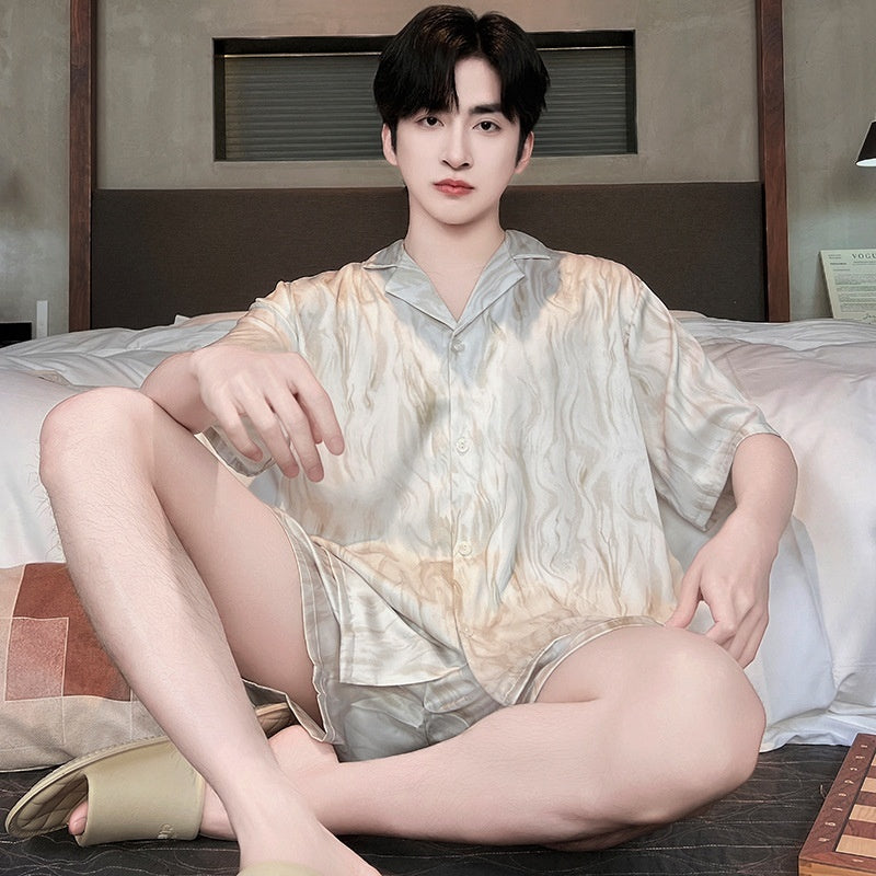 Men’s Ice Silk Pajamas Set – Lightweight Summer Sleepwear with Short Pants | Breathable Satin Homewear for Spring & Summer