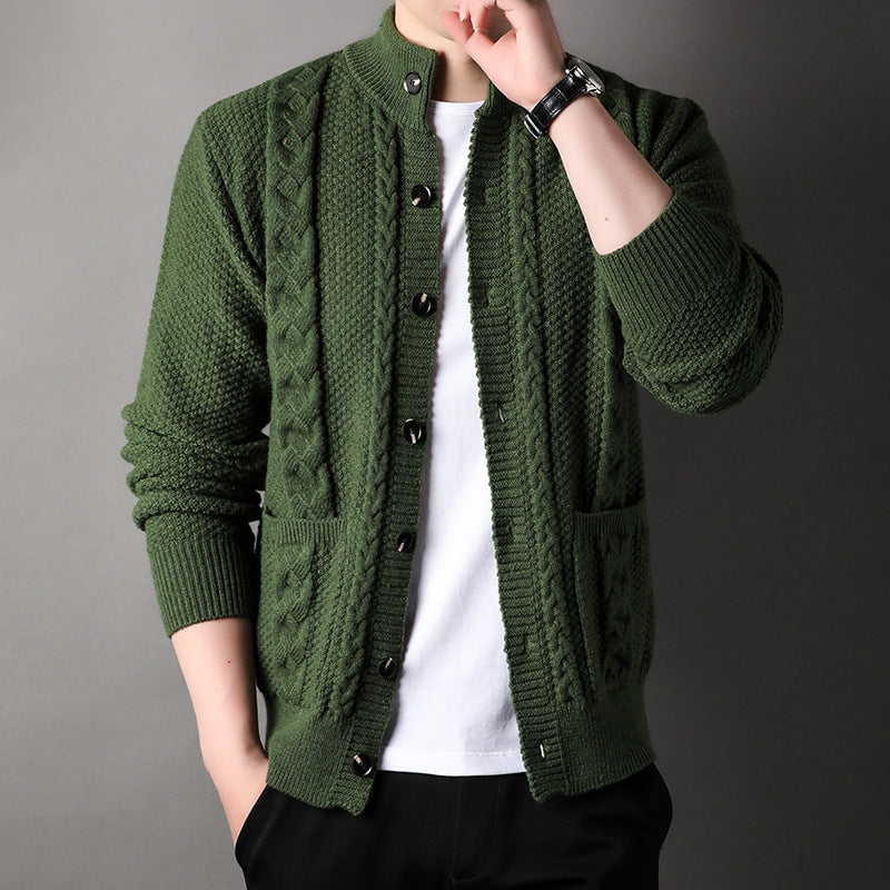 Men's Jacquard Cardigan Sweater – Single-Breasted Slim-Fit Pullover with Pockets for Youth
