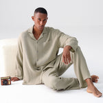 Men’s Woven Cotton Gauze Pajamas – Long Sleeve Thin Homewear Suit for Spring and Autumn