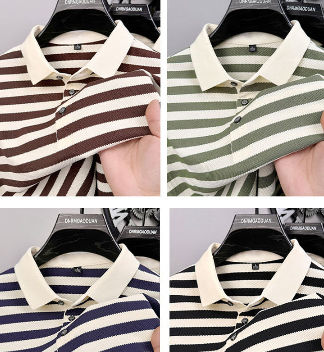 Men’s Lapel Jacquard Striped Shirt | Breathable Summer Business Casual Short Sleeve Top
