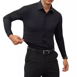 Men’s Full Elastic Long Sleeve Shirt – Simple Solid Color Stretch Cardigan for Daily Wear