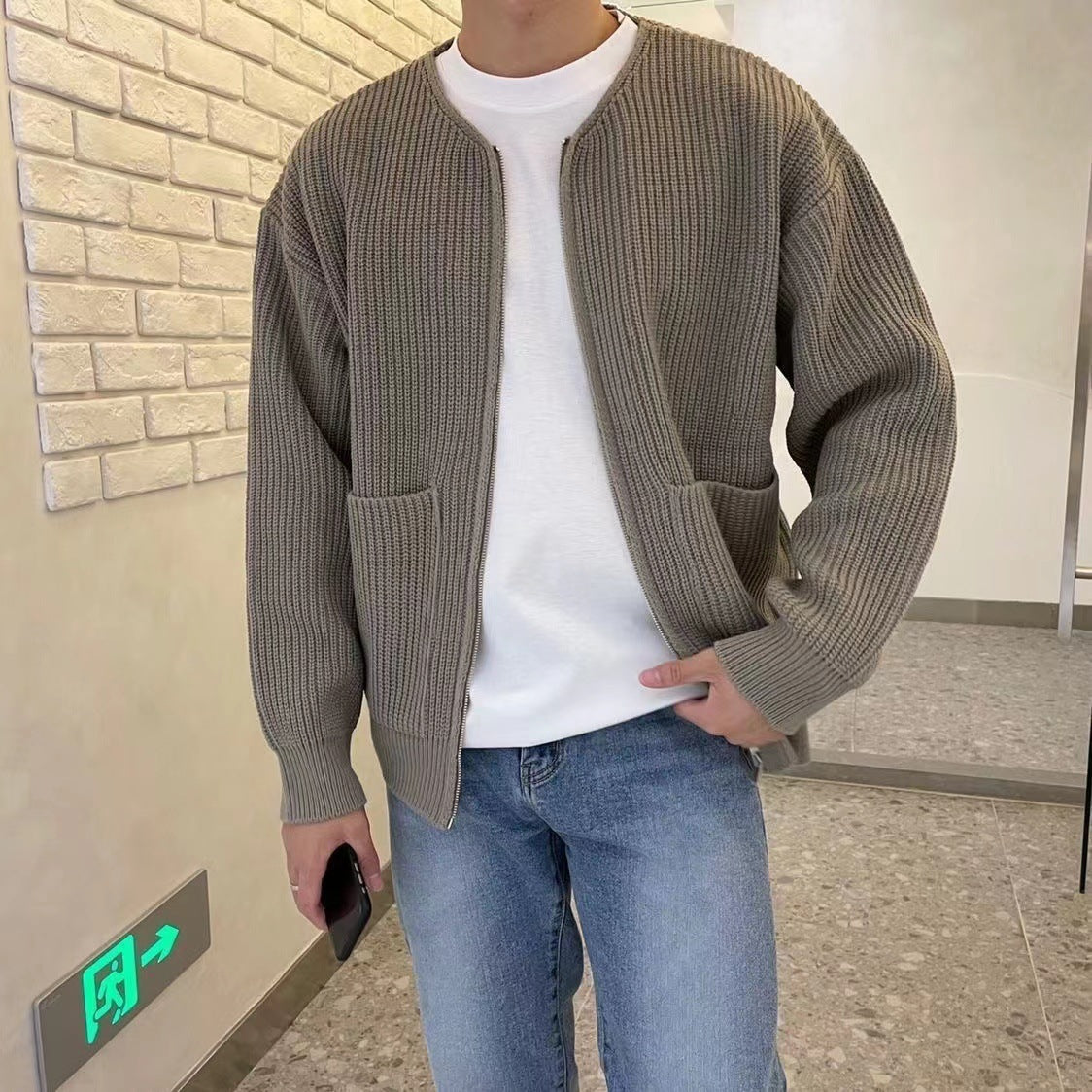 Men's Zip-Up Knitted Cardigan – Funnel Neck Sweater with Pockets, Soft, Comfortable, All-Season Long Sleeve Coat