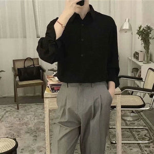 Men’s Lace-Up Long Sleeve Shirt – Casual Loose Fit Linen Silk Blend Top in Black, White & Gray