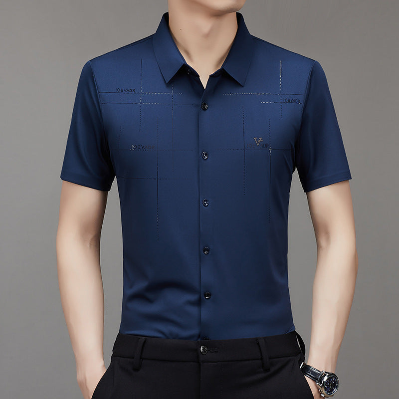 Men’s Seamless Short Sleeve Business Shirt – Lightweight Striped Summer Office Top for Smart Casual Style