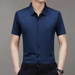 Men’s Seamless Short Sleeve Business Shirt – Lightweight Striped Summer Office Top for Smart Casual Style