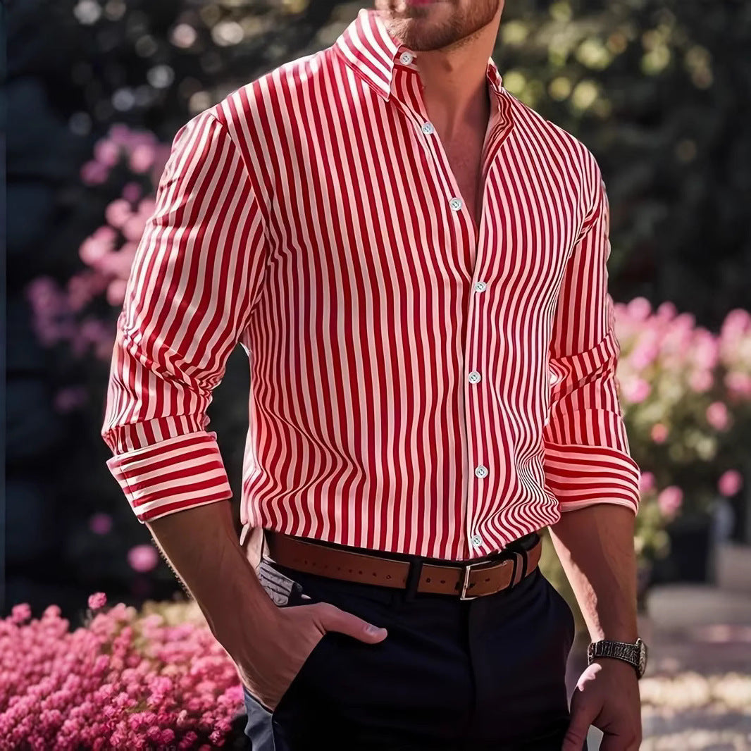 Ins Stripe Printed Long Sleeve Shirt for Men – Casual Loose Lapel Button Top Fashion Daily Wear