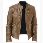 Men’s PU Leather Jacket – Slim-Fit Zipper Jacket in Khaki, Brown, and Black for Business and Casual Wear