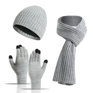 Men & Women Wool Hat Scarf Gloves Set – Thickened Knitted Winter Warm Three-Piece Set | Solid Color