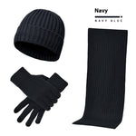 Men & Women Wool Hat Scarf Gloves Set – Thickened Knitted Winter Warm Three-Piece Set | Solid Color