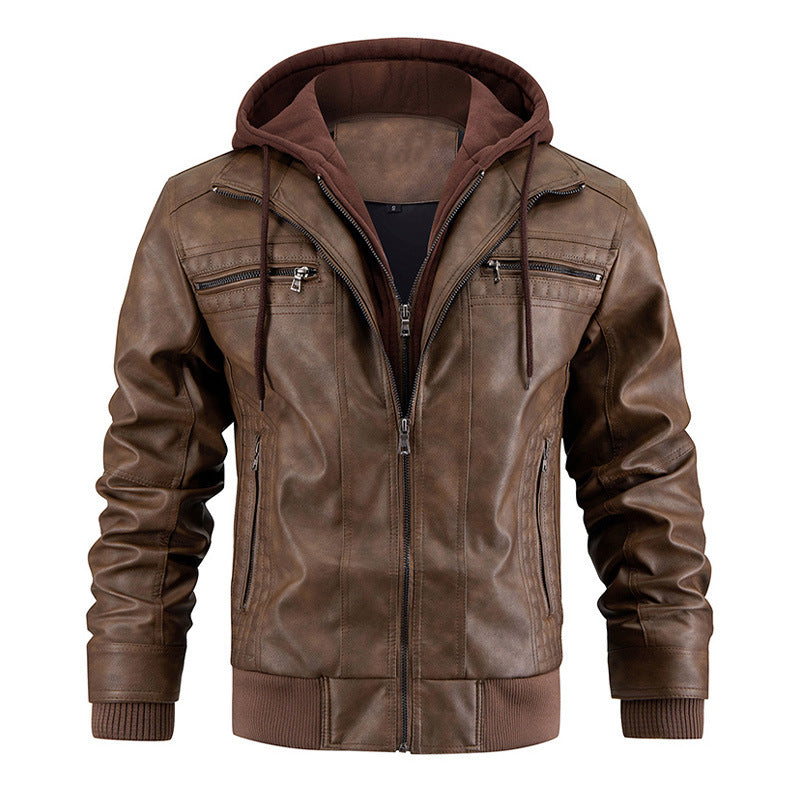 Men’s Hooded PU Leather Jacket – Warm Zipper Pockets Fashion Coat for Winter Daily Wear