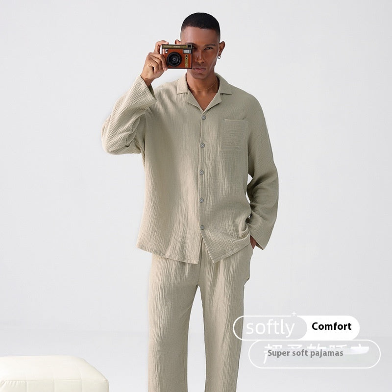 Men’s Woven Cotton Gauze Pajamas – Long Sleeve Thin Homewear Suit for Spring and Autumn