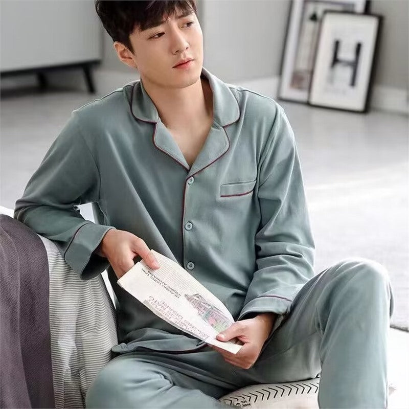Men’s Cotton Long-Sleeve Pajama Set – Loose Trousers & Top | Comfortable Autumn and Winter Homewear for Men