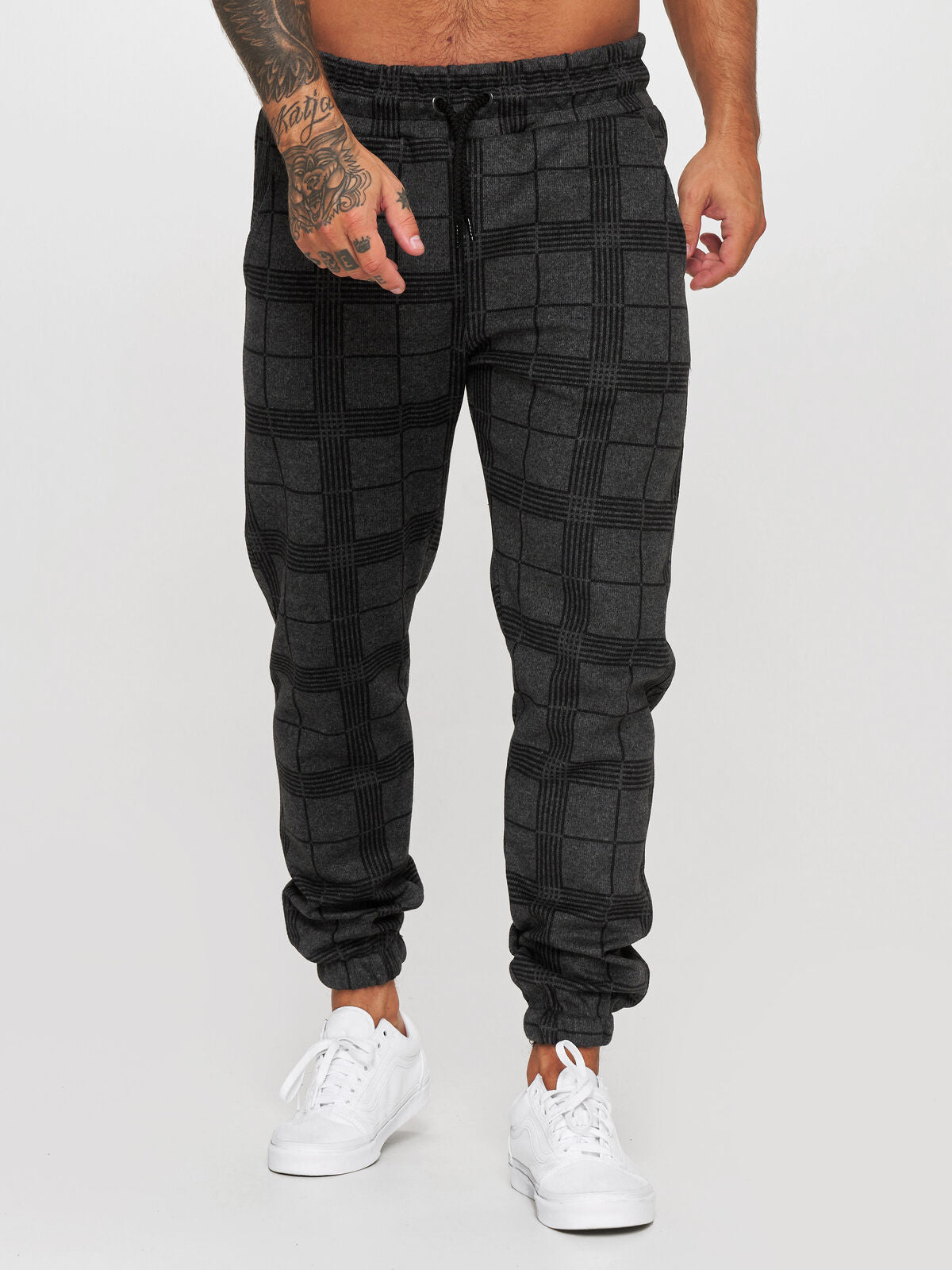 Checkered 3D Digital Print Casual Pants – Men’s Cotton Tapered Plaid Trousers for Everyday Streetwear