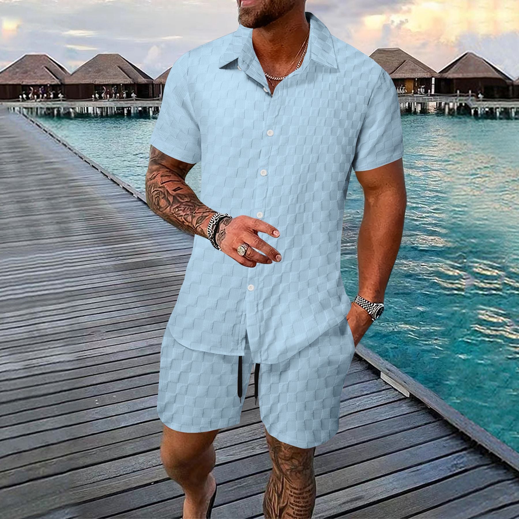 Men’s Casual Chemical Fiber Shirt Suit – Short Sleeve Shirt & Shorts Set | Lightweight Daily Summer Outfit