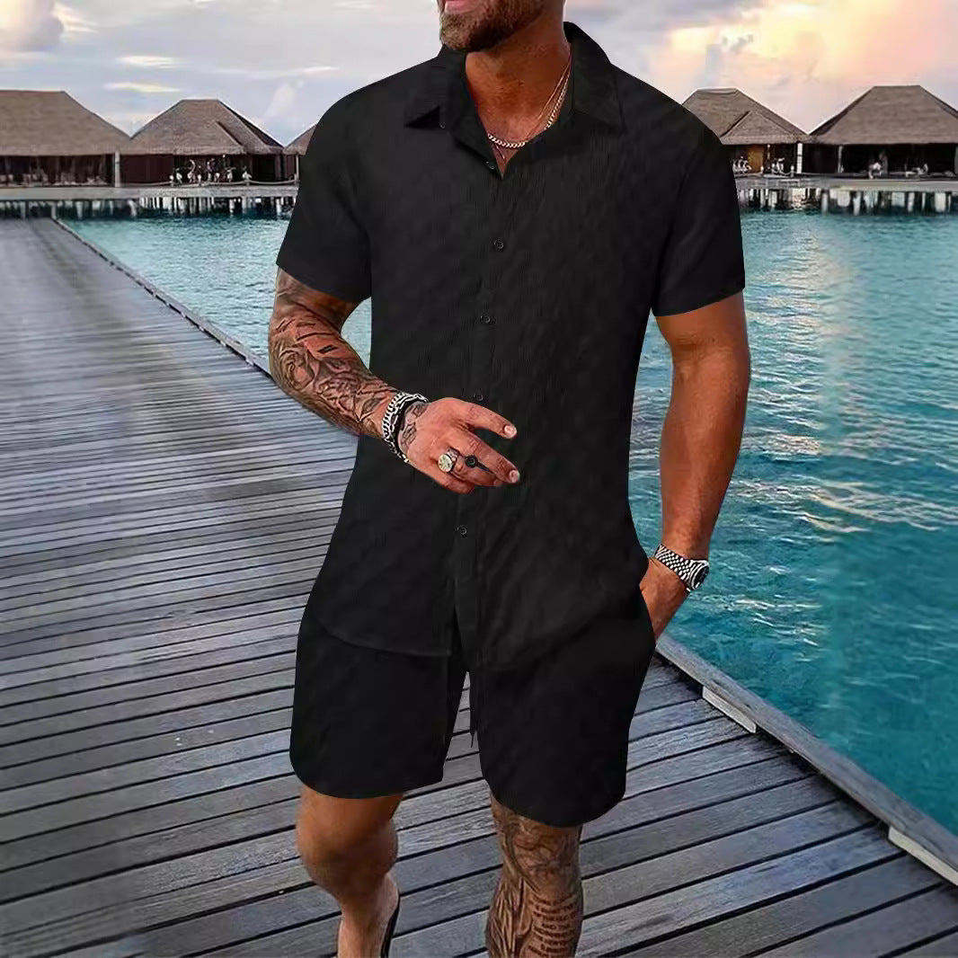 Men’s Casual Chemical Fiber Shirt Suit – Short Sleeve Shirt & Shorts Set | Lightweight Daily Summer Outfit