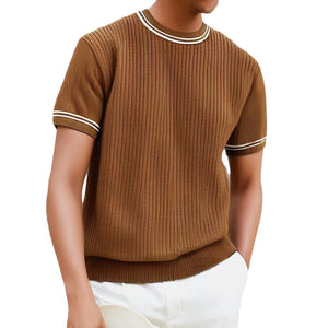 Men's Complex Knitwear Short Sleeve T-shirt – Slim Fit Round Neck Striped Top for Youth