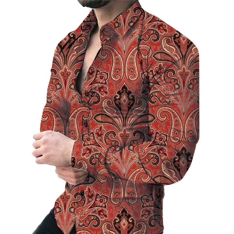 Men’s Casual Long Sleeve Floral Shirt – Lightweight Printed Cardigan Style Lapel Top for Daily Wear
